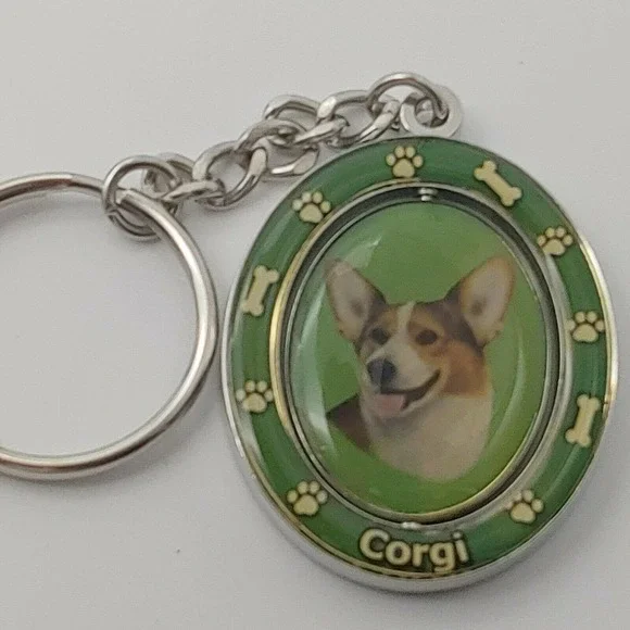 NEW Welsh Corgi Dog Breed Green 2 Sided Spinning Keychain - high quality metal - Picture 1 of 2